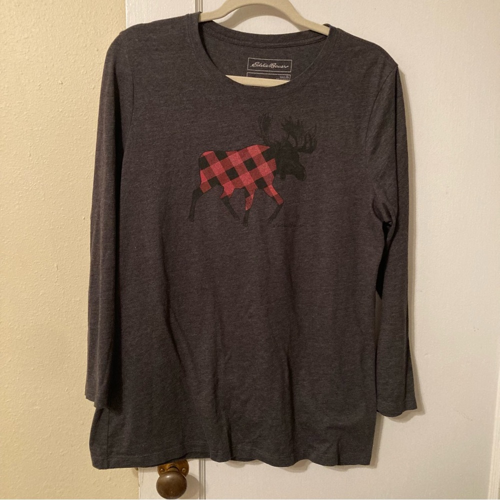 Eddie Bauer long sleeve cozy holiday red buffalo check moose graphic tee size XL